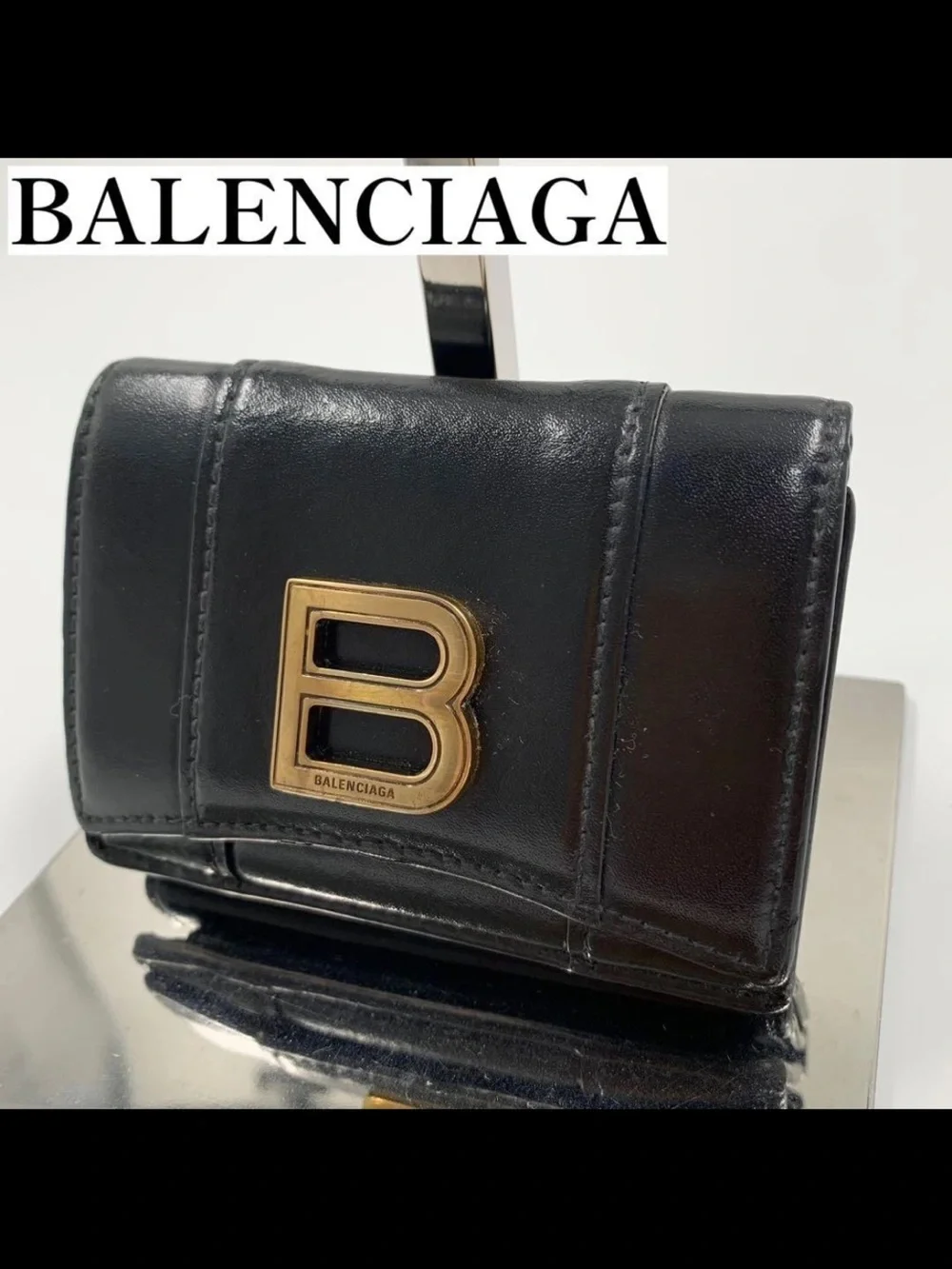 Balenciaga Black Leather Mini Wallet with Gold B Emblem